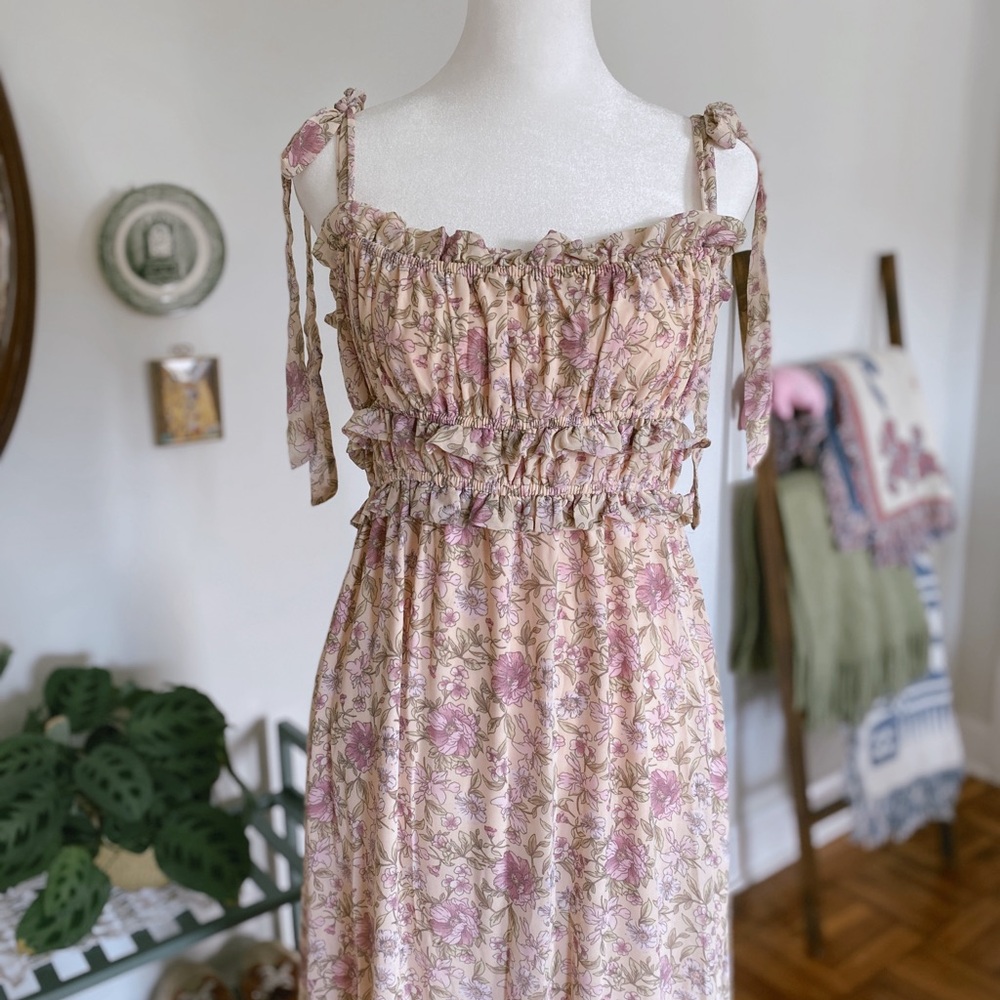 ASTR Peach Floral Dress with Ruffle Accents